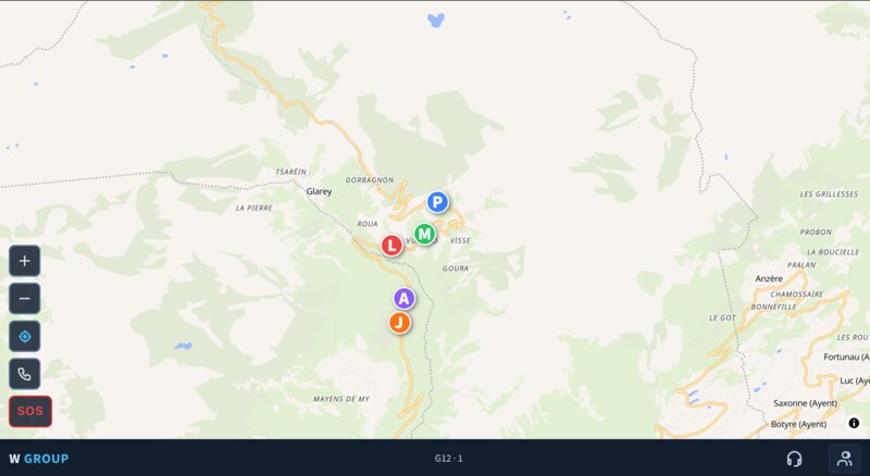 Five riders as coloured dots in two clumps along the Sanetsch pass road.