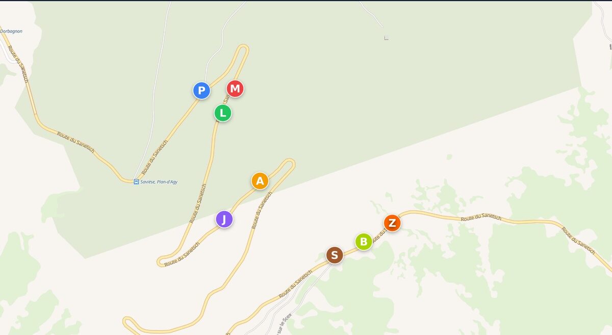 A W GROUP map of the Sanetsch pass with eight riders shown as coloured dots strung out along the road.