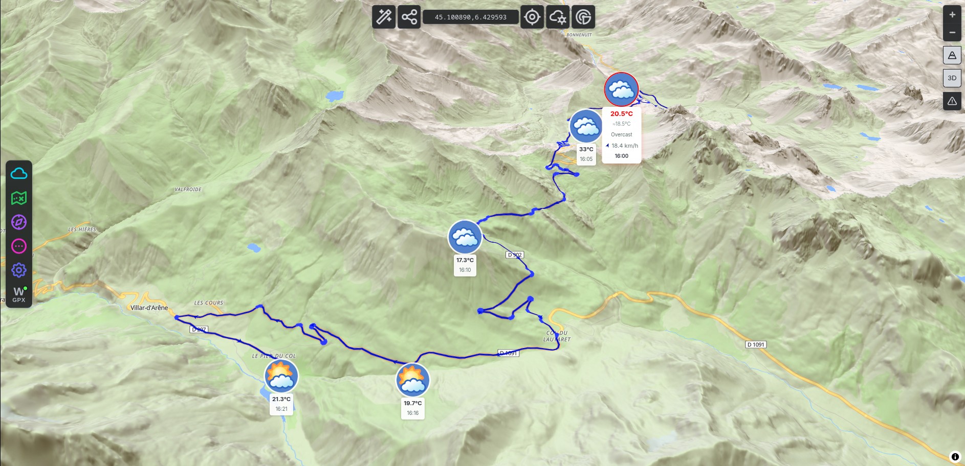 Motorcycle route over the Col du Galibier shown in 3D terrain with the weather forecast at each point
